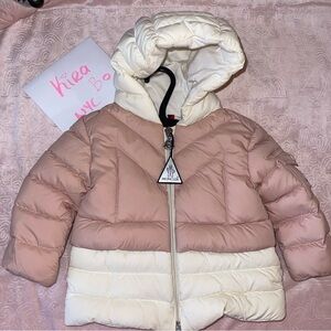 Moncler White and pink infant puffercoat with hood